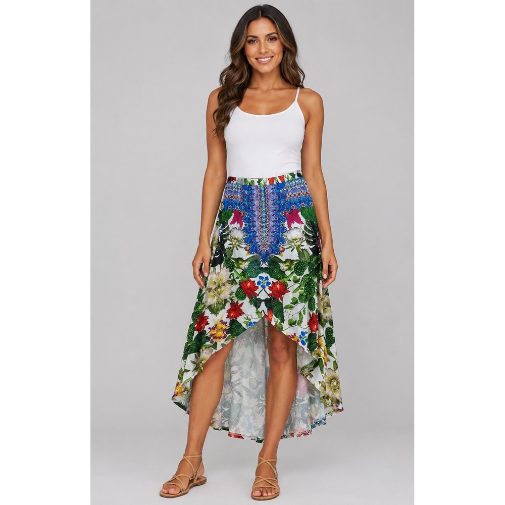 Venus High Low Skirt Women Small White Floral Polyester Rhinestone Resort Vaca